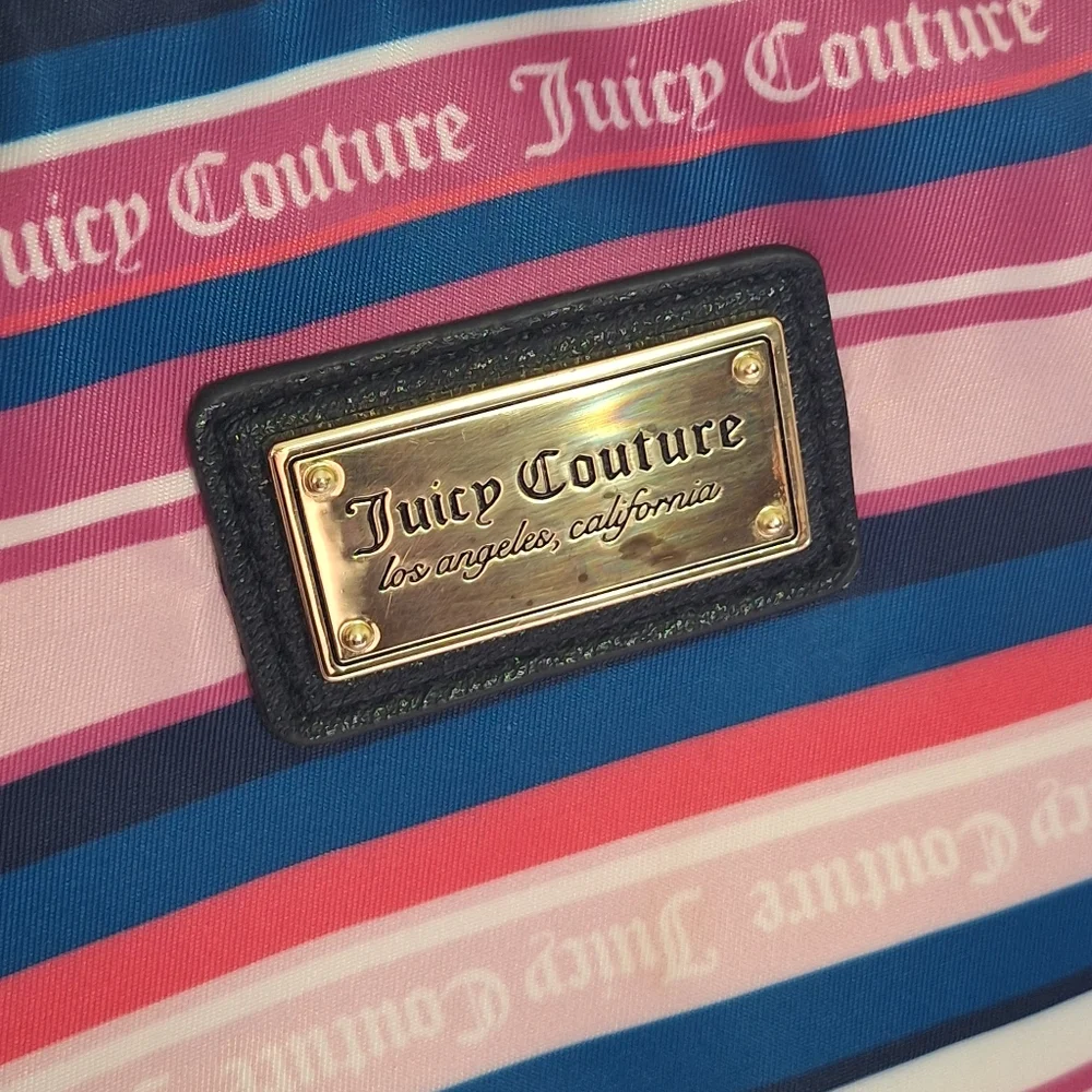 Juicy Couture Wild Heart Striped Full Size Backpack Gold Hardware Goth Text EUC